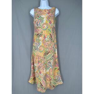 90s Vintage Dress Womens Small Yellow Paisley Midi Boho Bohemian Retro Groovy
